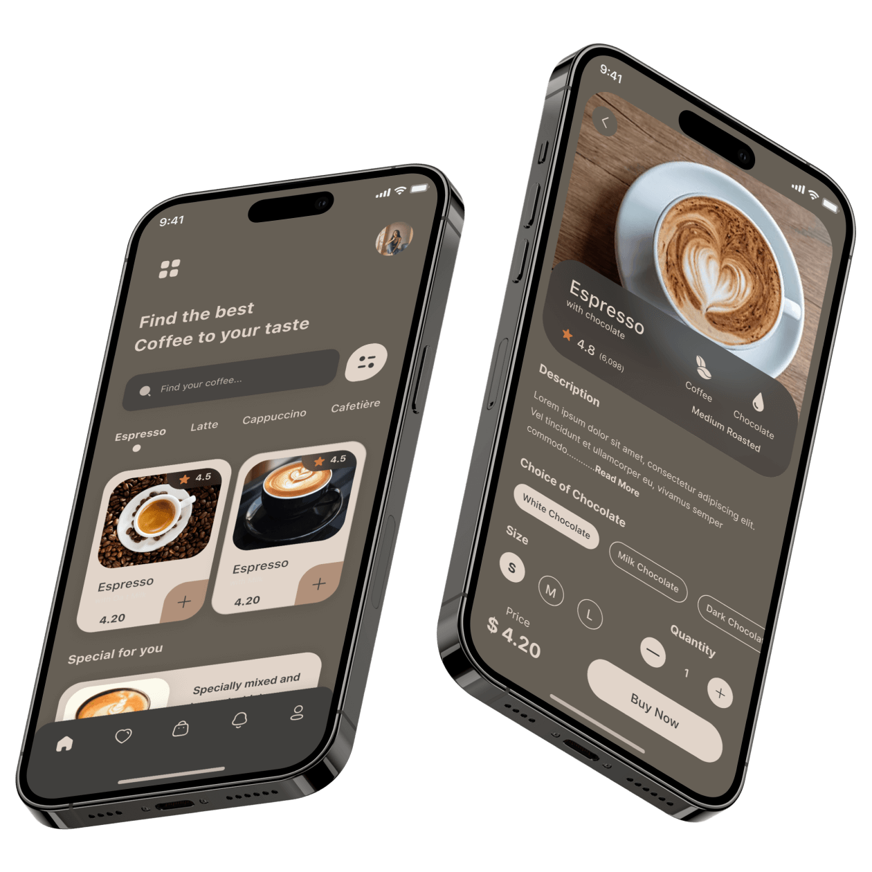 Two mobile devices floating and demostrating coffee house application interface